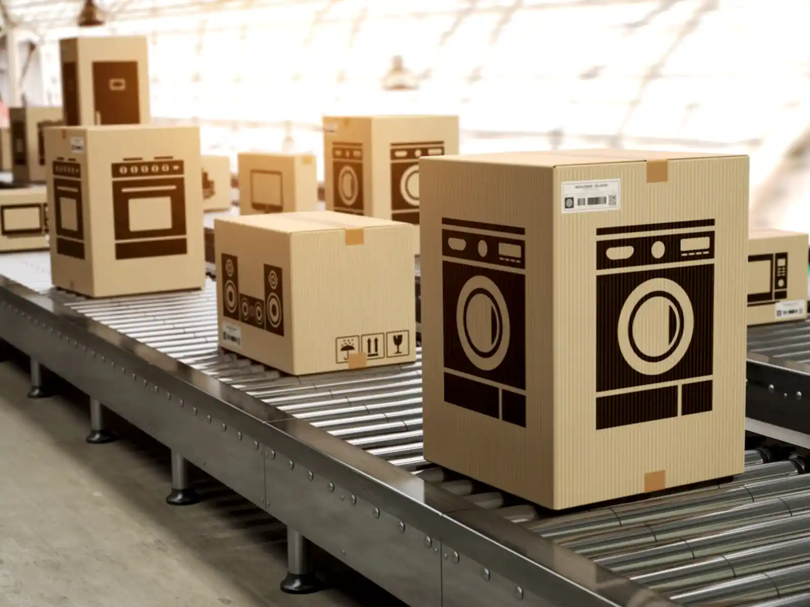 Household appliance in cardboard boxes on conveyor roller in dis
